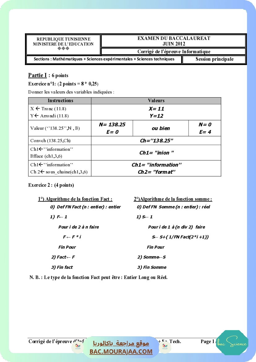 Corrigé principale info Bac 2012 – Section science